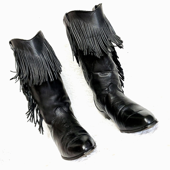 Vintage Shoes - 80's Dingo Black Leather Fringe Western Boots